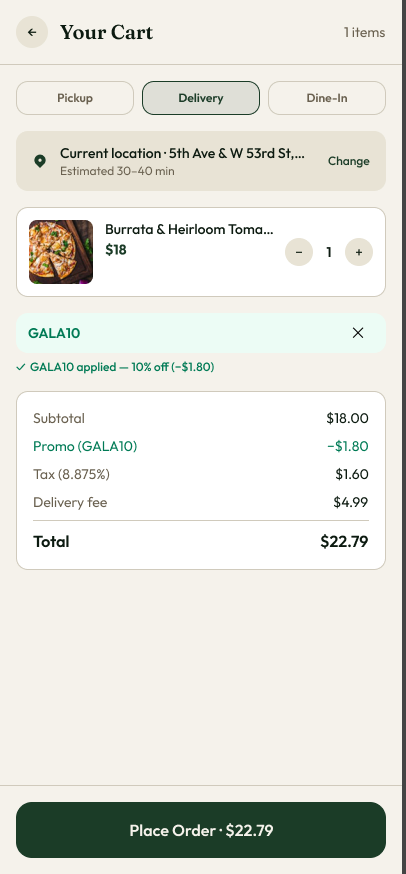 Gala Dining cart design showing delivery selection, a menu item, a promotion, and an itemized total.