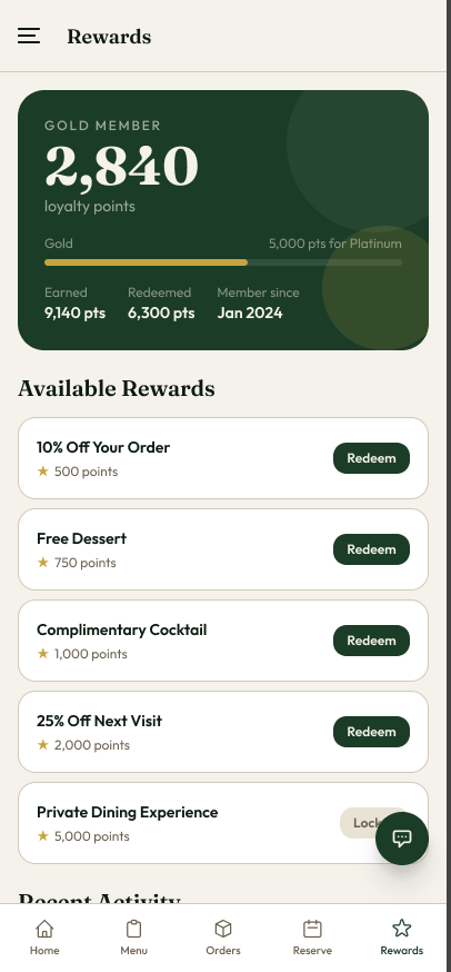 Gala Dining rewards design showing a sample points balance, membership progress, and available rewards.